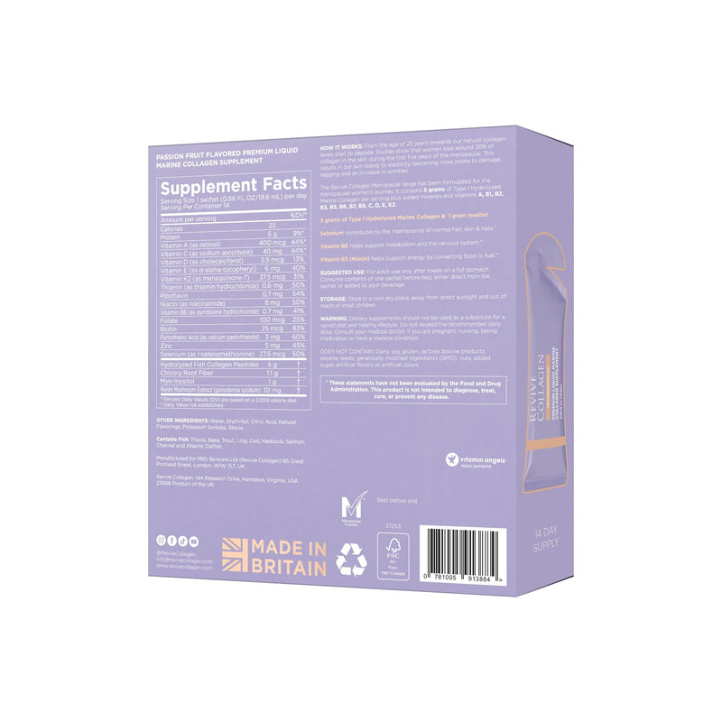 Revive Collagen Perimenopause - 5g Hydrolyzed Marine Collagen Drink for Women, Inositol, Selenium, Vitamin B6, C & D, Supports Skin Wellness & Daily Energy, Passionfruit Flavour — 14 Packets 14 DAYS