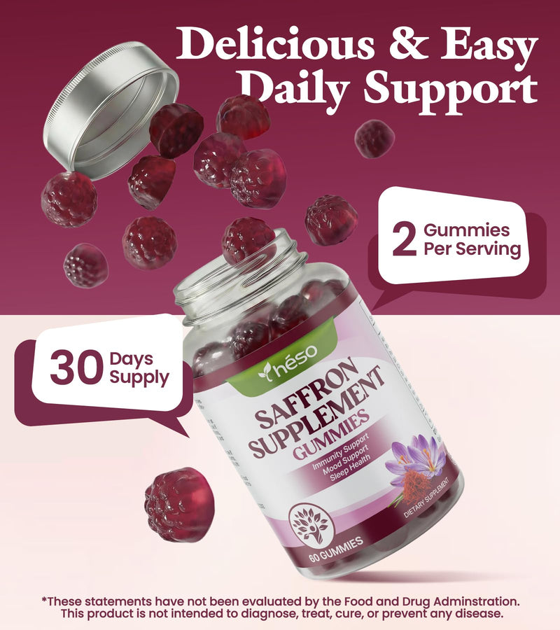 Saffron Gummies with Ashwagandha, Rhodiola & GABA – Sugar Free Mood & Stress Support Supplement with Magnesium, Vitamin D3 & Zinc – Calm & Relaxation Blend, 60 Gummies (30 Servings) 60 Count (Pack of 1)