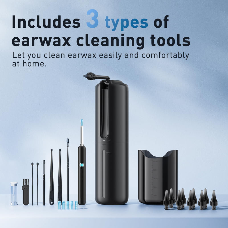 Ear Wax Removal - Electric Ear Irrigation Flushing System with 4 Pressure Modes, Ear Cleaner with Camera, 1080P Otoscope, Ear Cleaning Tool with 7 Pcs Ear Set, Safe and Effective Earwax Removal Kit Black