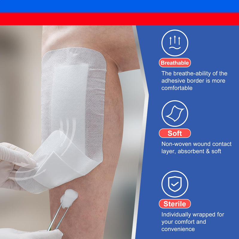 Niceful 25Pcs Island Dressing Bordered Gauze 4"x10", Water-Resistant Large Adhesive Bandages, Absorbent Wound Dressing Pads Bandages Large Wound Care 4"x10"(25 Pcs)