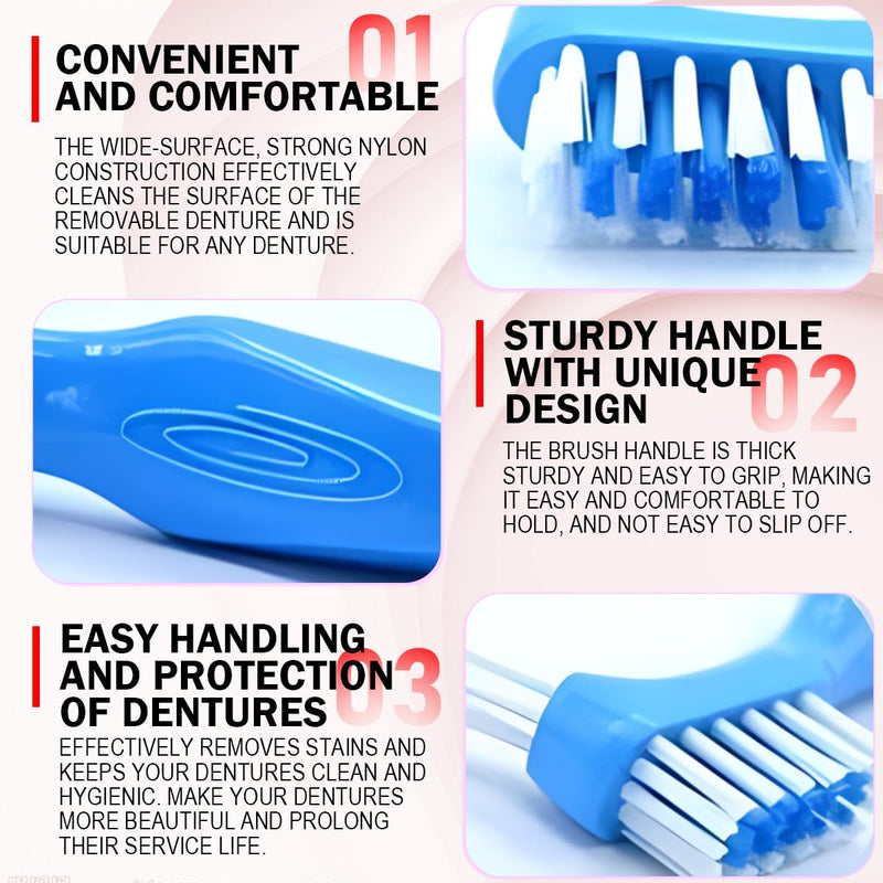 3Pcs Denture Toothbrush Double Heads Denture Brush Portable Denture Cleaning Tool Oral Care Set False Teeth Denture Cleaner Anti-Slip Handle Hygiene Denture Brush,Blue - BeesActive Australia