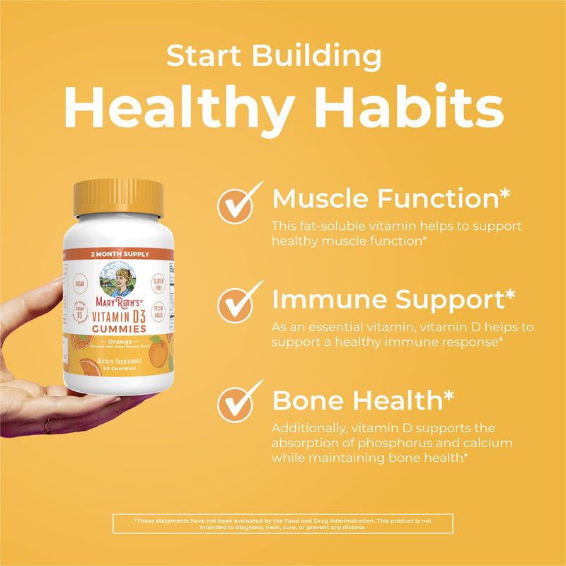 MARYRUTH'S Vitamin D3 Gummies, Adults & Kids Vitamin D, 60 Servings, Vegan | 2 Month Supply, Immune Support Supplement, 1000IU for Bone Health & Muscle Function, Vegan, Non-GMO, Gluten Free, 60 Count Non-Organic