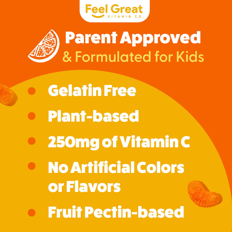 Feel Great Kids Vitamin C Gummies, 250mg Immune Support, Vegan, 90 Ct | Daily Immune Support, Antioxidant Vitamin C, 250mg per Serving, Vegan Gummy for Kids