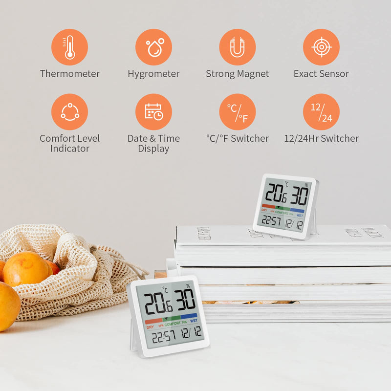 NOKLEAD Indoor Hygrometer Thermometer - Digital Temperature & Humidity Monitor with Calibration, Clear LCD Display & Clock, Accurate Room Gauge for Home, Baby Room, Office (2-Pack) 2