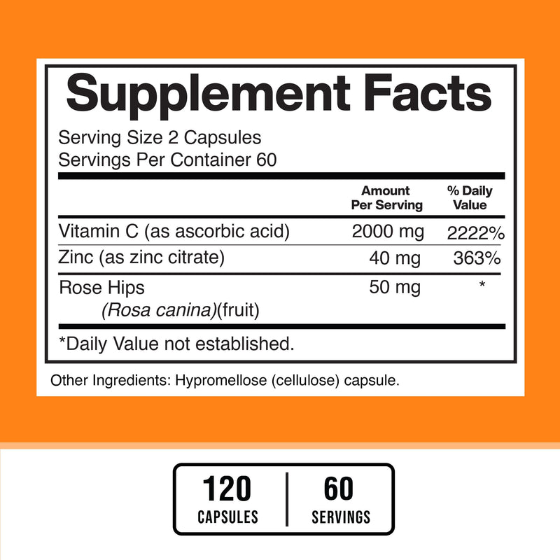American Standard Supplements Vitamin C 2000mg, Zinc 40mg, and Rose HIPS 50mg Per Serving – Vegan, Gluten Free, Non-GMO, 120 Capsules, 60 Servings - BeesActive Australia
