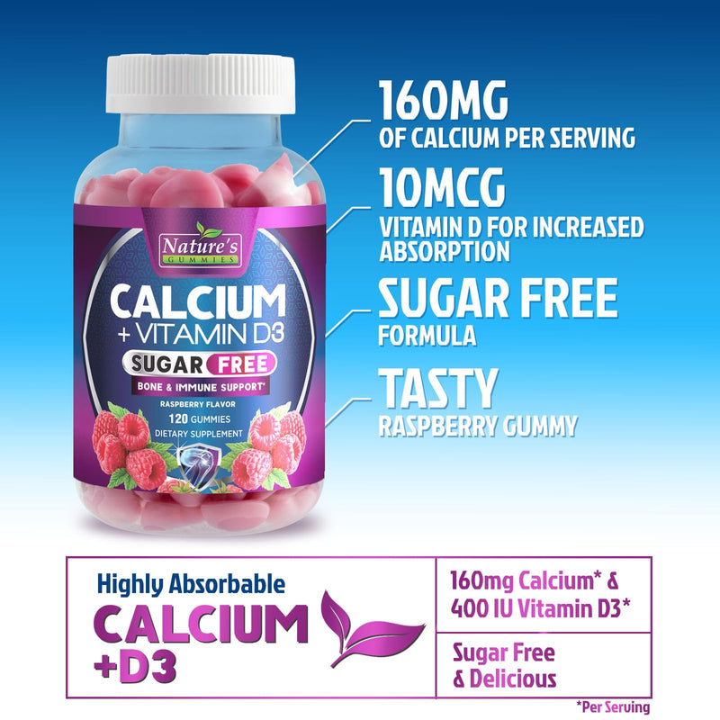 Calcium Supplement Gummies - Sugar Free Calcium Gummy with Vitamin D3 for Best Absorption - Supports Immune Health, Bones & Teeth - Nature's Calcium Chews for Women & Men - Berry Flavor - 120 Gummies 120 Count (Pack of 1)