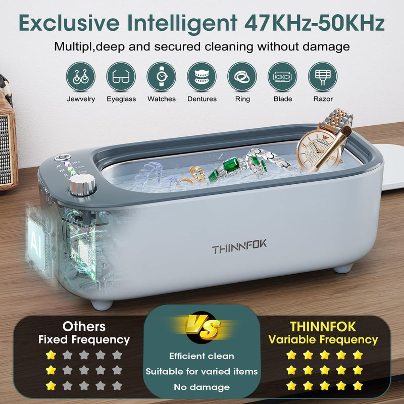 Ultrasonic Jewelry Cleaner, Smart Variable Frequency 47KHz - 50KHz Grey