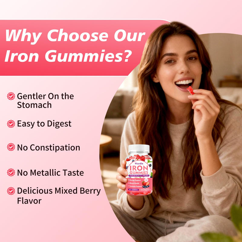Iron Gummies for Women, Men & Kids for Energy Support & Immune Health | Vegan Iron Supplement Gummies with Vitamin C, B12, Folate, Sugar Free, 60 Gummies (Pack of 2) 120 Count (Pack of 1)