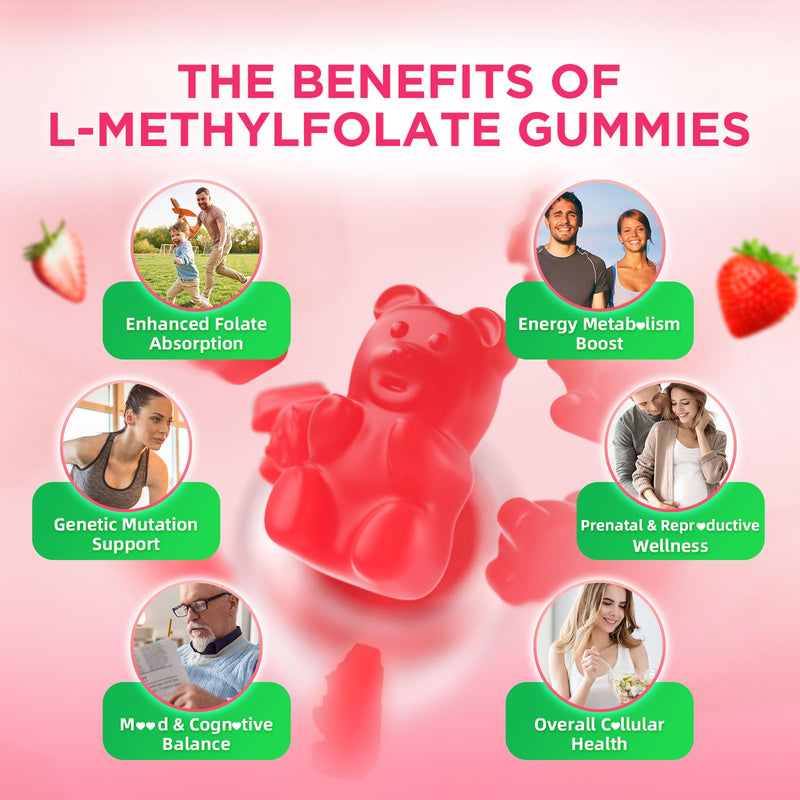 softbear L-Methylfolate 15mg Gummies for Kids & Adults, Organic Methylfolate Supplement 5-MTHF Plus Methyl B12, B1, B2, B6 Support MTHFR Gene, Cognition Function, Strawberry Flavor 60 Count 60 Count (Pack of 1)