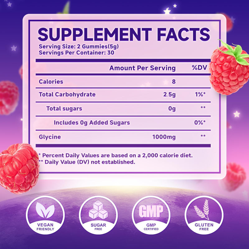 2 Pack Glycine Gummies, Glycine Supplement for Relaxation and Nerve Support | Sugar-Free, Vegan, Non-GMO, Raspberry Flavor, 120 Count 60 Count (Pack of 2)