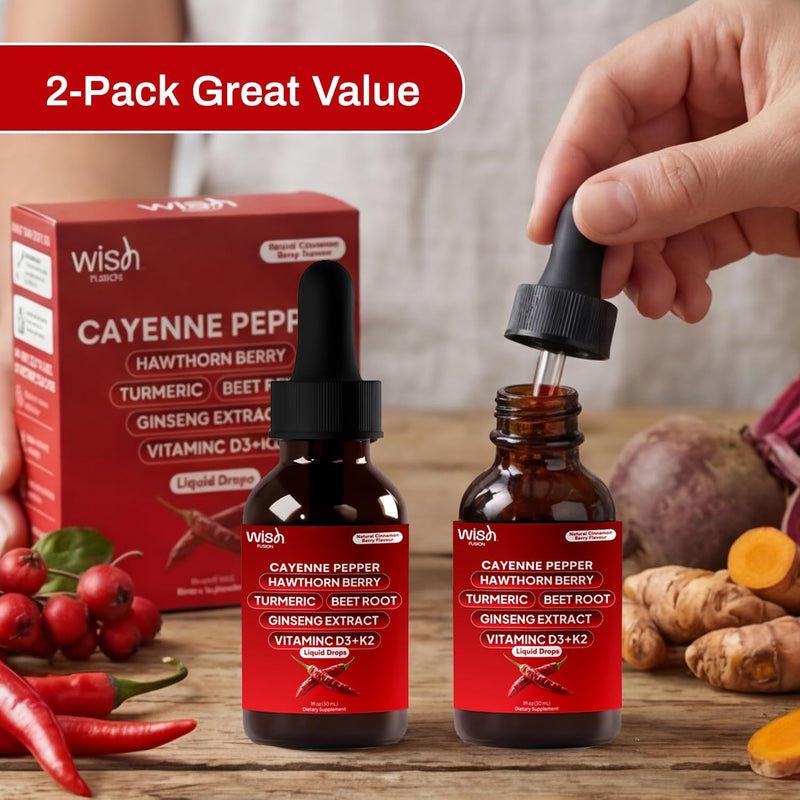 Cayenne Pepper Drops with Hawthorn Berry, Turmeric, Beet Root & Ginseng Vitamin D3 + K2, 2 Pack Organic Cayenne Pepper Drops for Men Support Circulation & Energy Liquid Cayenne Pepper