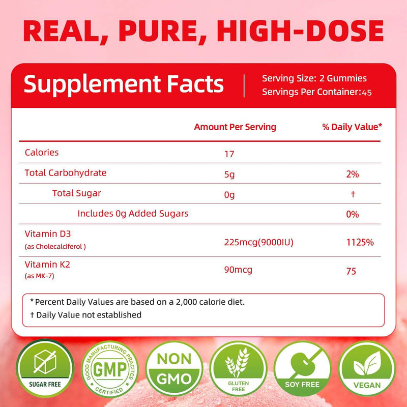 Vitamin D3 K2 Supplement Gummies for Adult, High Dose 9000 IU | Ingredient Tested, Vegan Sugar Free, Bone & Heart Support, Peach Flavor ,90 Count 90 Count (Pack of 1)