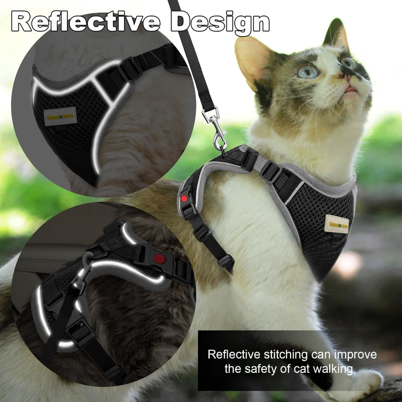 Cat Harness and Leash for Walking, Retractable Cat Harnesses and Leash Set Escape Proof, Breathable Soft Kitten Harness Small Large Cat Harness for Travel Training and Walking, Black, S S(chest:11.1"-18.1") - BeesActive Australia