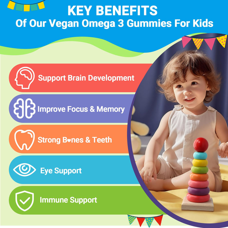 Algae Omega 3 Gummies for Kids - 500mg with DHA, Phosphatidylserine, Vitamin D3 & K2 - Sugar Free DHA Supplement for Brain& Eye - Fish Oil Alternative - Vegan, 60 Count 60 Count (Pack of 1)