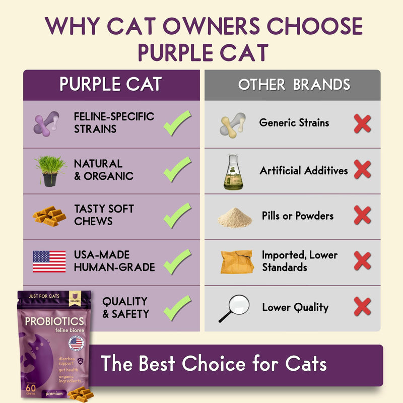 PURPLE CAT Feline Biome Probiotic Treats for Cats – Cat Gut & Digestive Support, Pet Diarrhea Relief & Immune Health – Feline-Specific Strains, Healthy Treats, Real Chicken Liver Flavor – 60 Chews