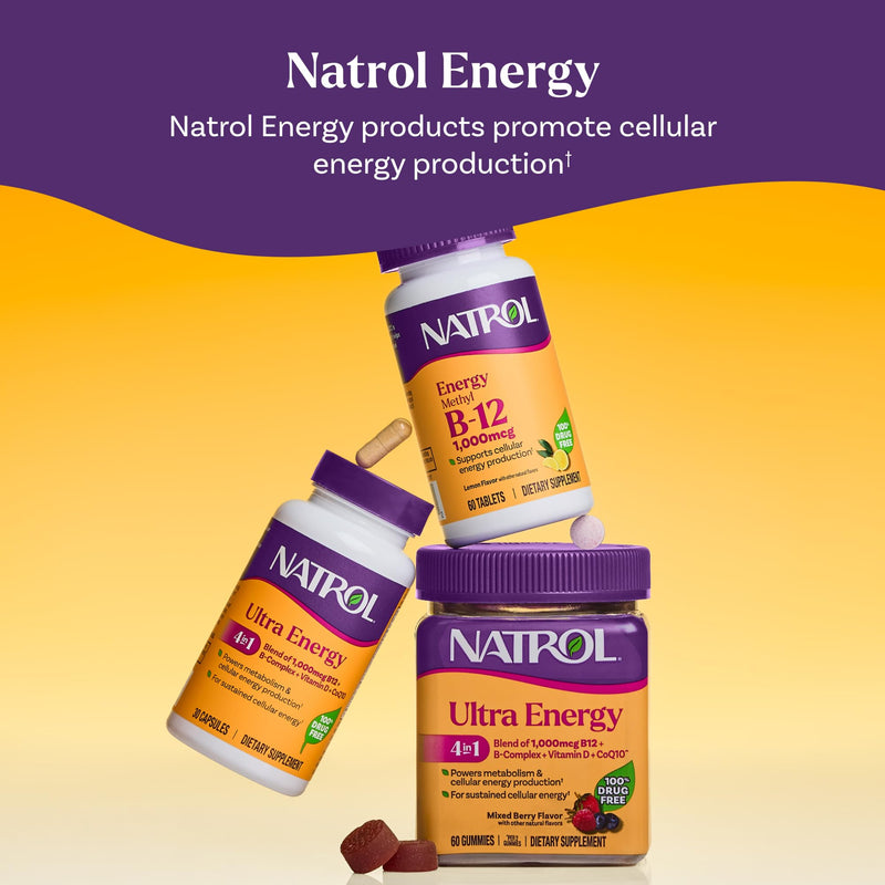 Natrol Ultra Energy 4-in-1, B12, B Complex, Vitamin D, CoQ10, 30 Capsules | Supports Cellular Energy Production, Powers Metabolism, Vitamin B Complex, Vegetarian, Caffeine-Free