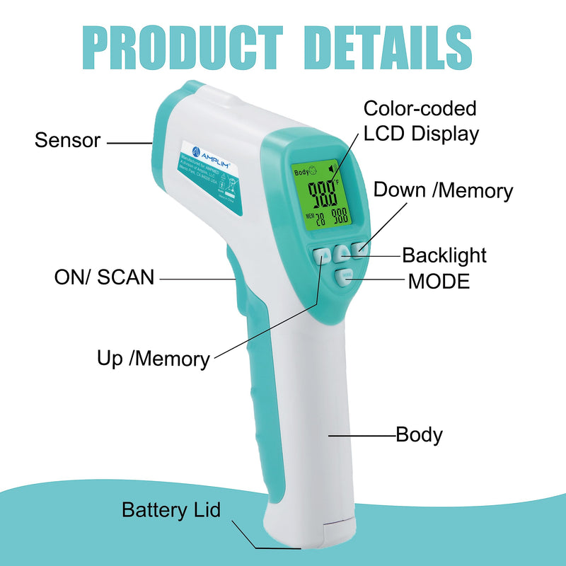 Amplim No-Touch Forehead Thermometer for Adults, Kids, and Infants: Digital Temporal Touchless Medical Grade Thermometer with LCD Display, Registry Must Have for Body Fever Temperatures, Blue Green White