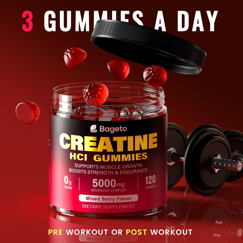 Bageto Creatine HCl Gummies Complex with 1g Turmeric & 500mg Electrolytes | 120 Ct with Beet Root & Vitamin B6, Sugar-Free 3000mg Creatine HCl Gummies for Women and Men, Post & Pre Workout , Vegan