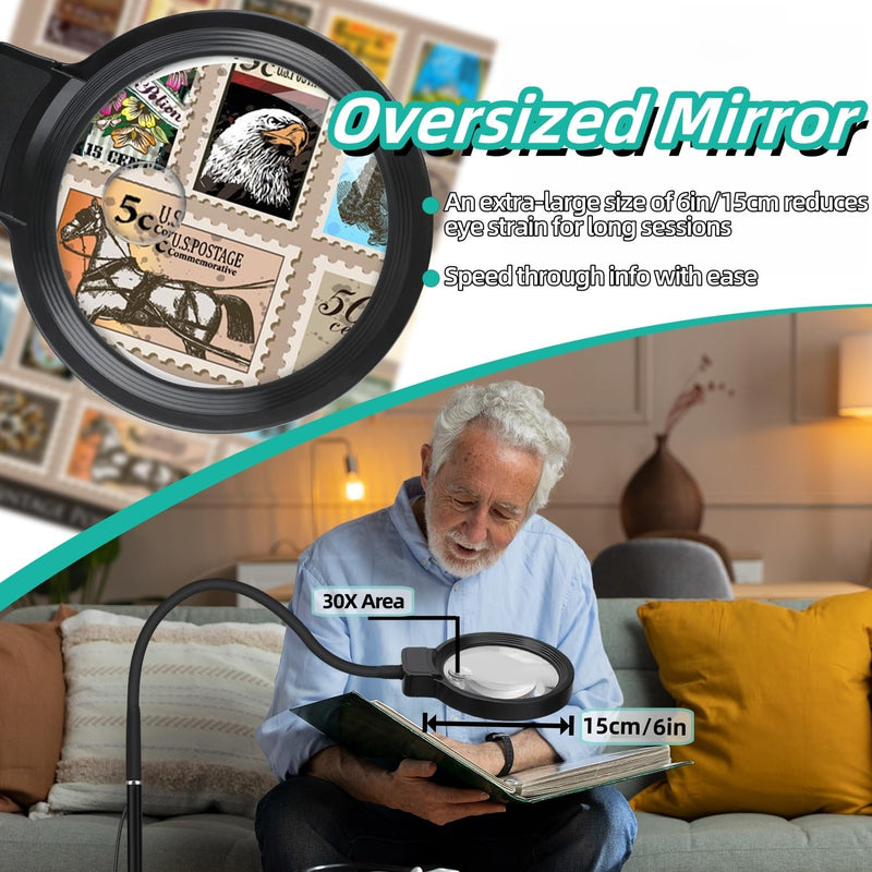 10X/30X Magnifying Glass with Light and Stand, 2-in-1 Magnifying Floor Lamp with 72 Adjustable Brightness LED Lamp Bulbs, Flexible Gooseneck Standing Magnifying Lamp for Close Work, Craft, Reading