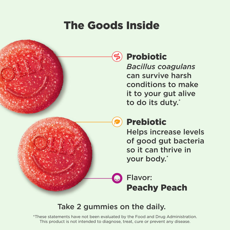 OLLY Probiotic + Prebiotic Gummy,Digestive Support and Gut Health,500 Million CFUs,Fiber,Adult Chewable Supplement for Men and Women,Peach,60 Day Supply -,60 Count (Pack of 2) 60 Count (Pack of 2) Nutritional Supplement