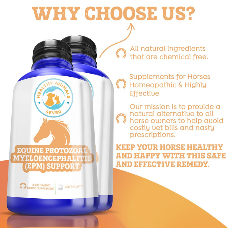 HealthyAnimals4Ever Horse All-Natural Equine Protozoal Myeloencephalitis (EPM) Support - Reduces Weakness, Ataxia & Loss of Coordination - Supplements for Horses - Highly Effective - 300 Tablets - BeesActive Australia