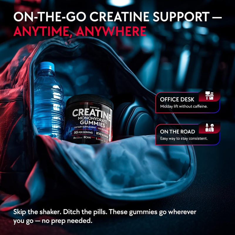 Creatine Monohydrate Gummies Complex 5000 MG for Men & Women with BCAA, L-Carnitine, Taurine & Vitamin B12, Strength & Energy Support, Flavored and Chewable
