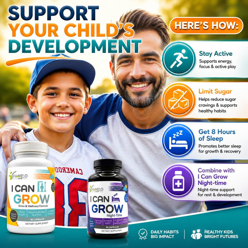 I Can Grow Day-Time Growth Support for Kids 10+ & Teens, 90 Capsules | Bone and Muscle Strength, Focus Support with L-Arginine, L-Ornithine, L-Glycine, Colostrum, Calcium, D3, Magnesium, Zinc