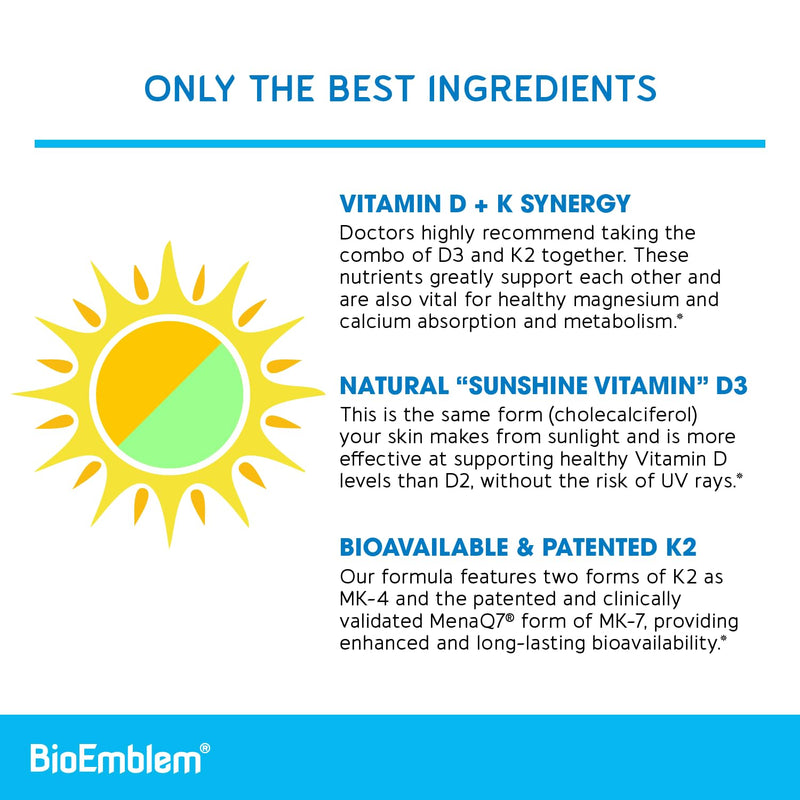 BioEmblem Vitamin D3 K2 Capsules (5000IU and 200mcg) - Patented MK7 and MK4 for 3-in-1 Complex Support - Vegetarian Vitamin D K2 Supplement for Teeth, Heart, Immune System - Non-GMO, 90 Caps | 3-In-1 Complex With Patented MenaQ7 for Calcium, Bone, Teet...