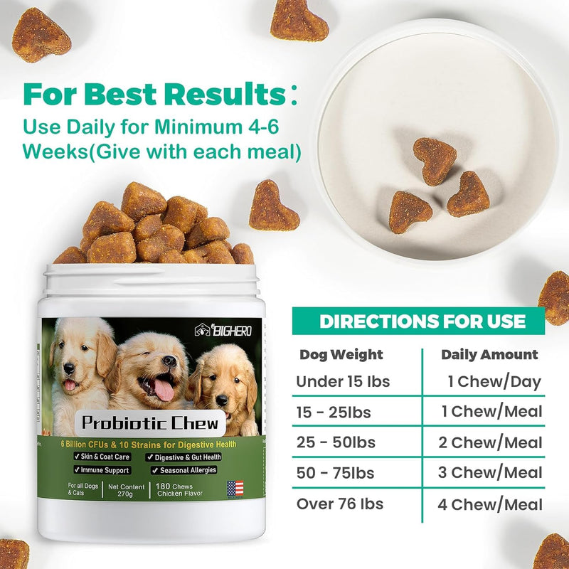 BIGHERO Probiotics for Dogs - Dog Probiotics with Prebiotics and Digestive Enzymes, Support Gut Health, Digestive & Immune Health, Dog Supplement for Diarrhea & Seasonal Allergies-180 Chicken Flavor - BeesActive Australia