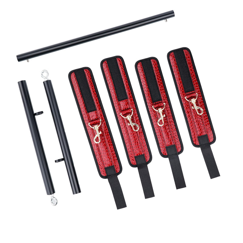 3 in 1 Heavy Duty Stainless Steel Expandable Black Spreader Bar with 4pcs PU Crocodile Red Adjustable Straps,Workout Bar for Home Gym Training Bar,Portable Detachable Pilates Kit