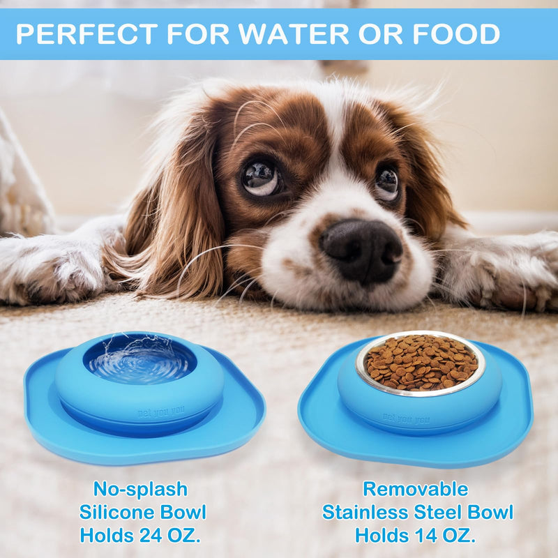 Petyouyou Spill Proof Dog Bowl with a Stainless Steel Bowl, No Splash Non-Skid Silicone Travel Bowl, Portable Foldable Pet Feeding Bowl，Food Dish，Water Bowl with Carabiner for Dogs, Cats & Pets,24oz - BeesActive Australia