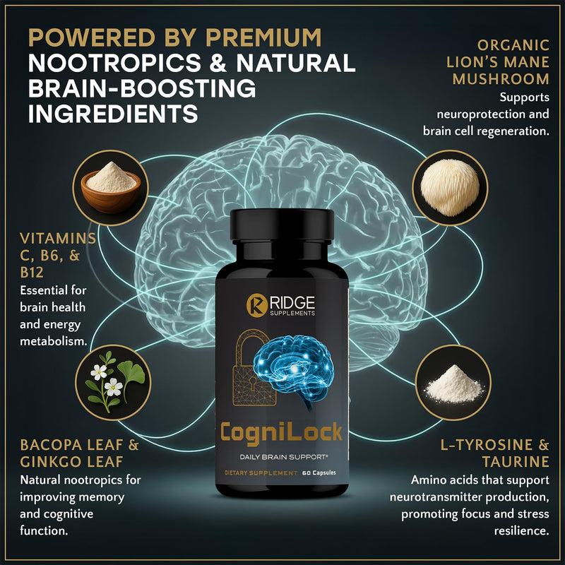 12-in-1 Nootropic Brain Supplement for Memory and Focus, Alpha GPC, Citicoline, CognatiQ™, Cognitive Support - Brain Fog Vitamins w/Lion’s Mane Lion’s Mane, 60 Count