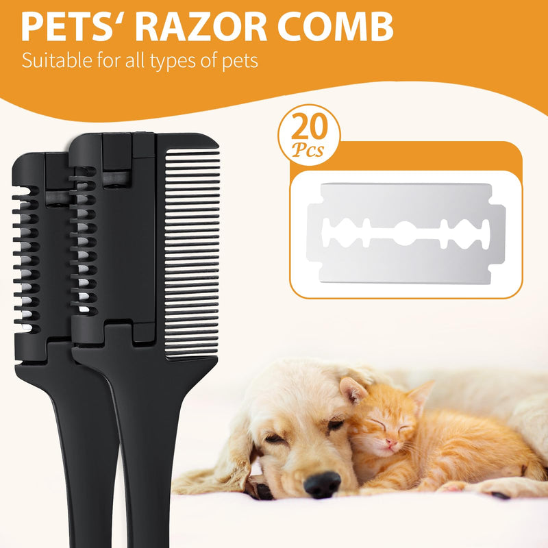 2 Pcs Razor Comb for Dogs Cats with 20 Pcs Extra Blades Pet Razor Comb 2 in 1 Trimming&Grooming, Dog Cat Brush that Cuts Hair, Hair Cutter Comb for Dog Cat, Pet Hair Trimmer Grooming Comb for Dog Cat - BeesActive Australia
