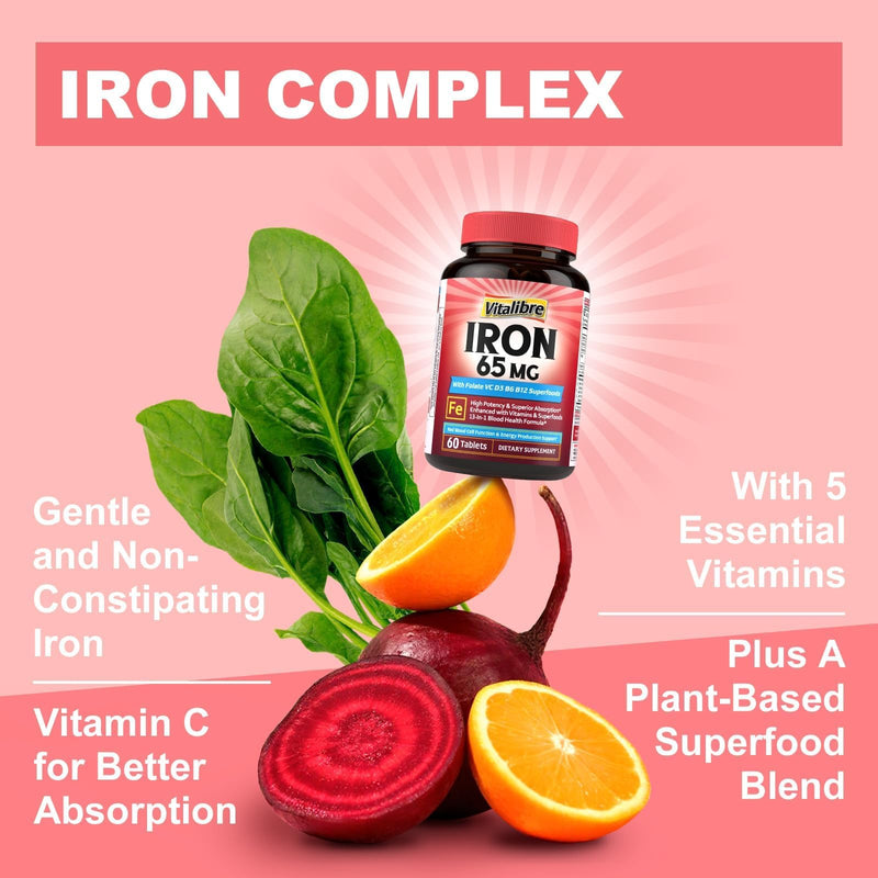 Vitalibre Iron Supplement for Women & Men, 65 mg, Ferrous Sulfate, VitaminC | D3, B6, B12, Folate, Beet Root, Spinach, Pumpkin Seeds, Nettle, for Red Blood Cell & Energy Production, 90 Tablets 90 Count (Pack of 1)