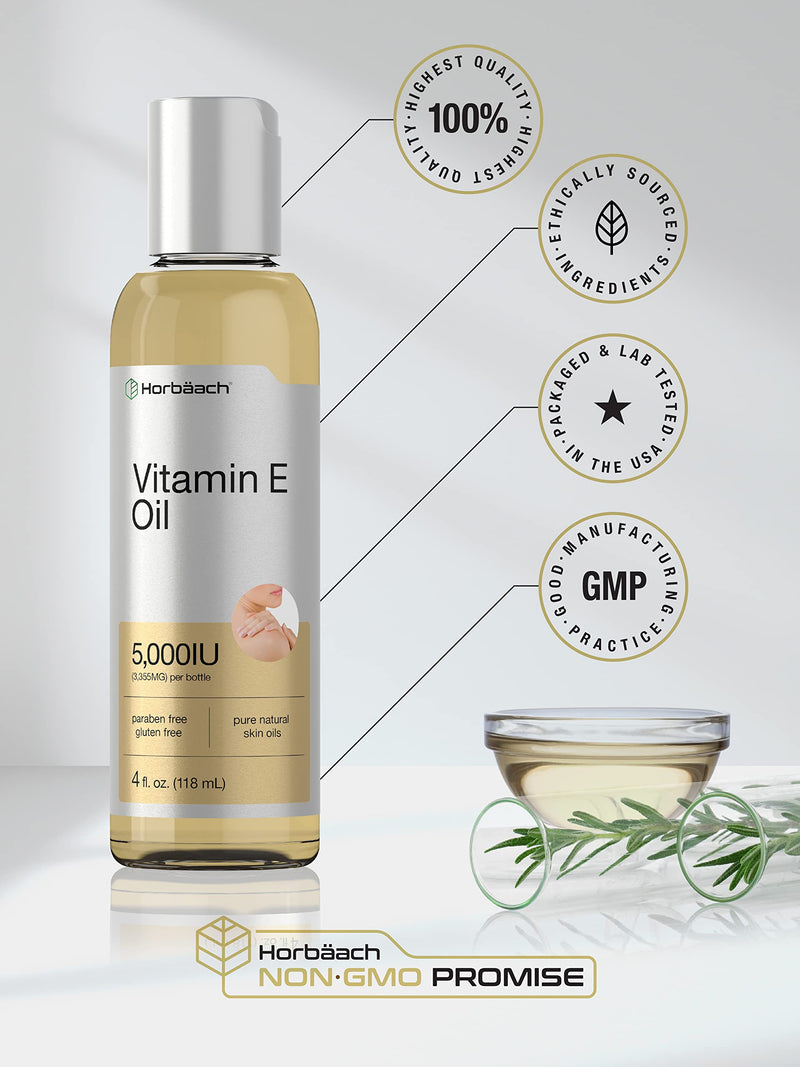 Horbäach Vitamin E Oil | 5000 IU | 8 oz (2 x 4oz) Value Pack | for Skin, Hair, Face & Body | Vegetarian, Non-GMO, and Gluten Free Formula 4 Fl Oz (Pack of 2)