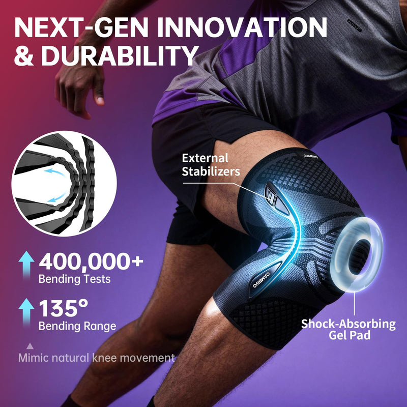 CAMBIVO Knee Support Brace with 2 Snap-on Detachable Stabilizers & Patella Gel Pads, Red Dot Awarded Compression Knee Sleeve for Meniscus Tear, ACL, Knee Pain Support, Running, Workout for Women & Men Black M