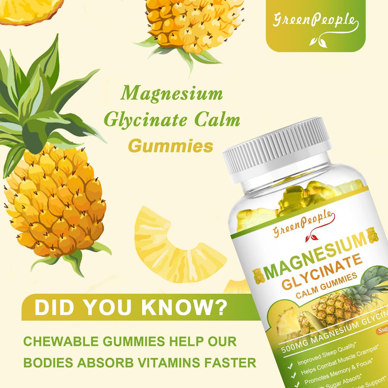 GREENPEOPLE Magnesium Glycinate Gummies with Citrate 1000mg, Taurate & Matale - Sugar Free - Magnesium Potassium Supplement with Vitamin D, K2 for Calm Mood & Zzz Support - 60 Pineapple Gummies-2 Pack