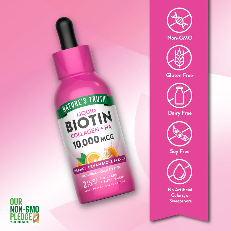 Nature's Truth Liquid Biotin and Collagen | 10,000mcg| 2 fl oz | with Hyaluronic Acid | Orange Creamsicle Flavor | Non-GMO & Gluten Free Supplement