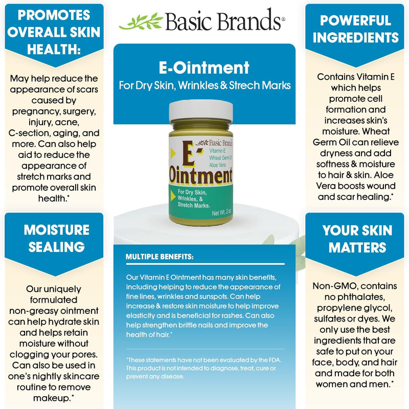 Basic Brands Vitamin E Ointment, 2 oz ‚Äì Moisture Enhancing ‚Äì Helps Reduce Appearance of Scars, Stretch Marks, Fine Lines & Wrinkles (Pack of 1) 2 Ounce (Pack of 1) Clear