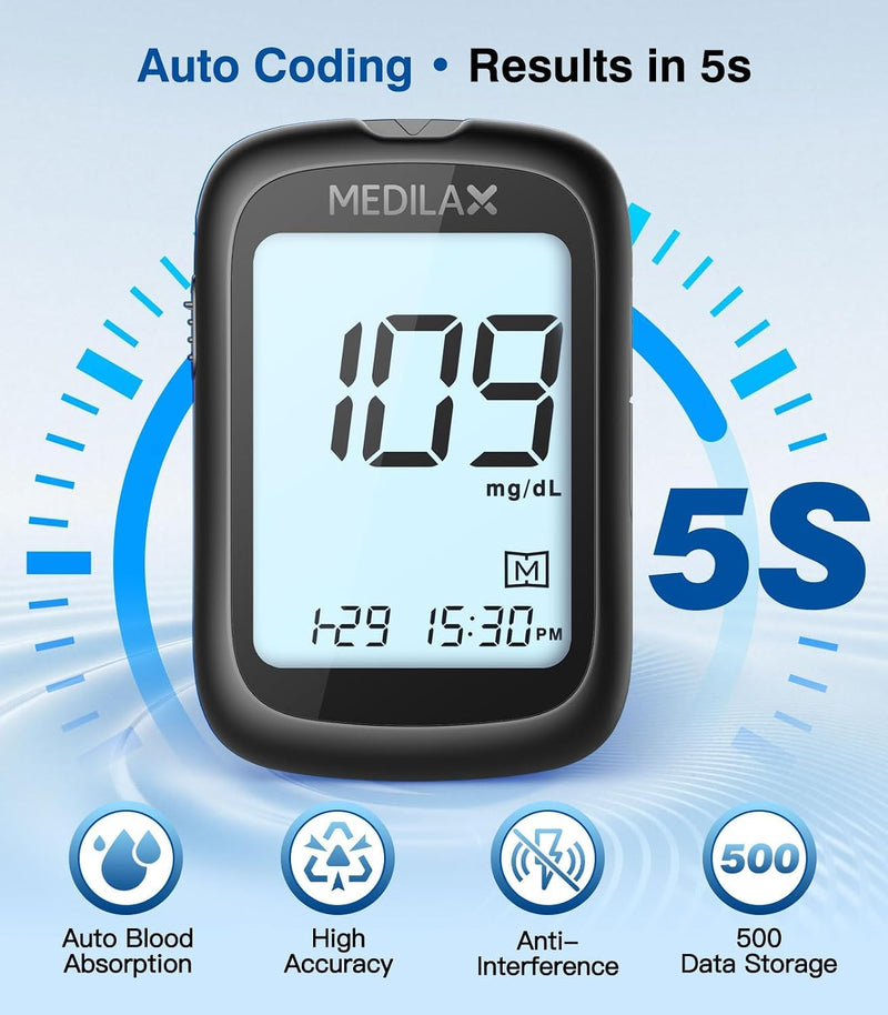 Medilax Blood Glucose Monitor Kit, Blood Sugar Testing Kit with 100 Strips Black