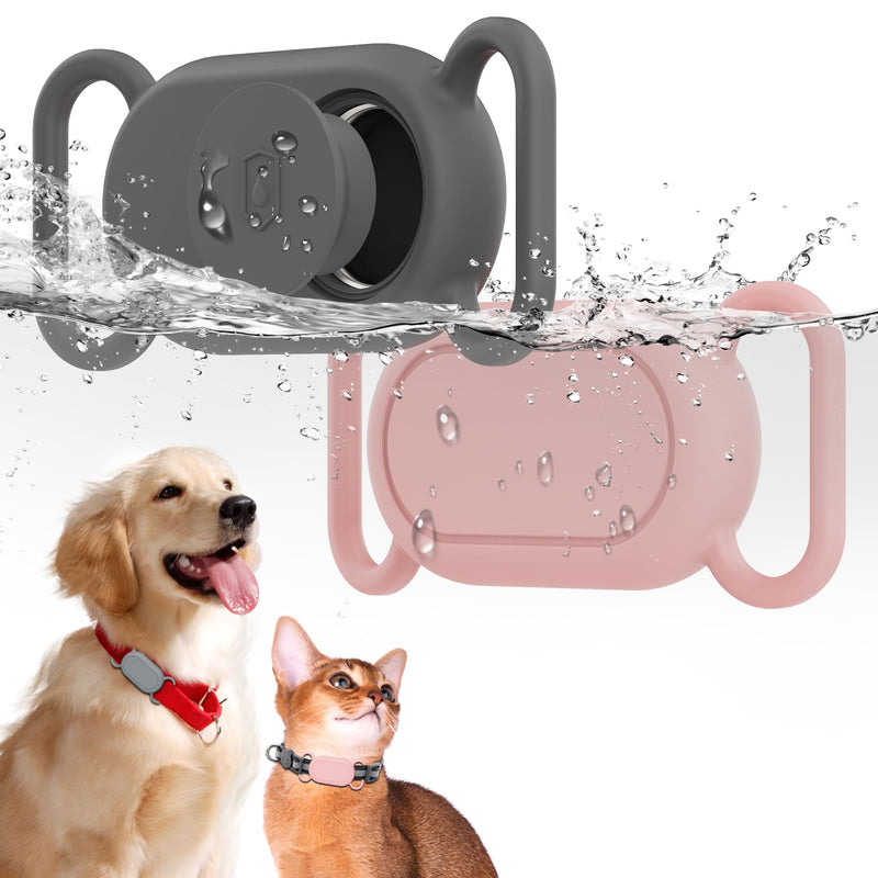 Waterproof Silicone Case for Galaxy Smarttag2, 2 Pack Dog Cat Anti-Lost Anti-Scratch Accessories Protective Case for Samsung Galaxy Smart Tag2 (Grey/Pink) Gray Pink