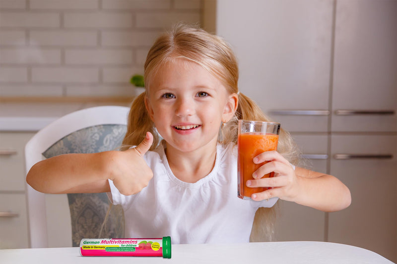 T&D German Multvitamin for Children 8 Vitamins - 40 Vegan Drink Effervescent Tablets - Raspberry Flavor - Made in Germany | Boost kids' health with potent, plant-based, fast-dissolving, immune-supporting effervescent multivitamins! 40 Servings