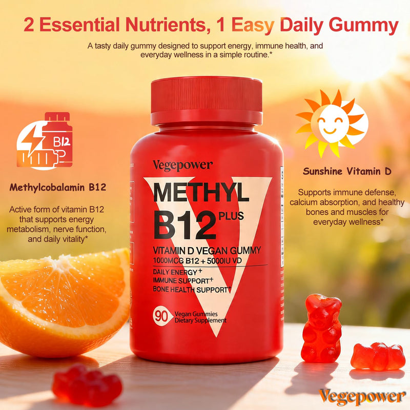 Vegan Vitamin D3 & B12 Gummies, Methyl B12 Supplement for Adults & Kids | Enhanced with Vitamin D for Natural Energy, Immune, Metabolism & Focus, Orange, 90 Gummies 90 Count (Pack of 1)