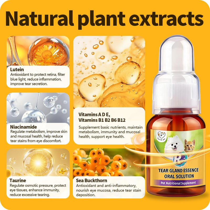 Tear Gland Essence Oral Solution for Tear Stain Remove, Reduce Tear Production, Relieve Redness & Swelling, Alleviate Allergy-induced, Improve Tear Gland Function for Cat & Dog (1 Bottle) 1 Bottle