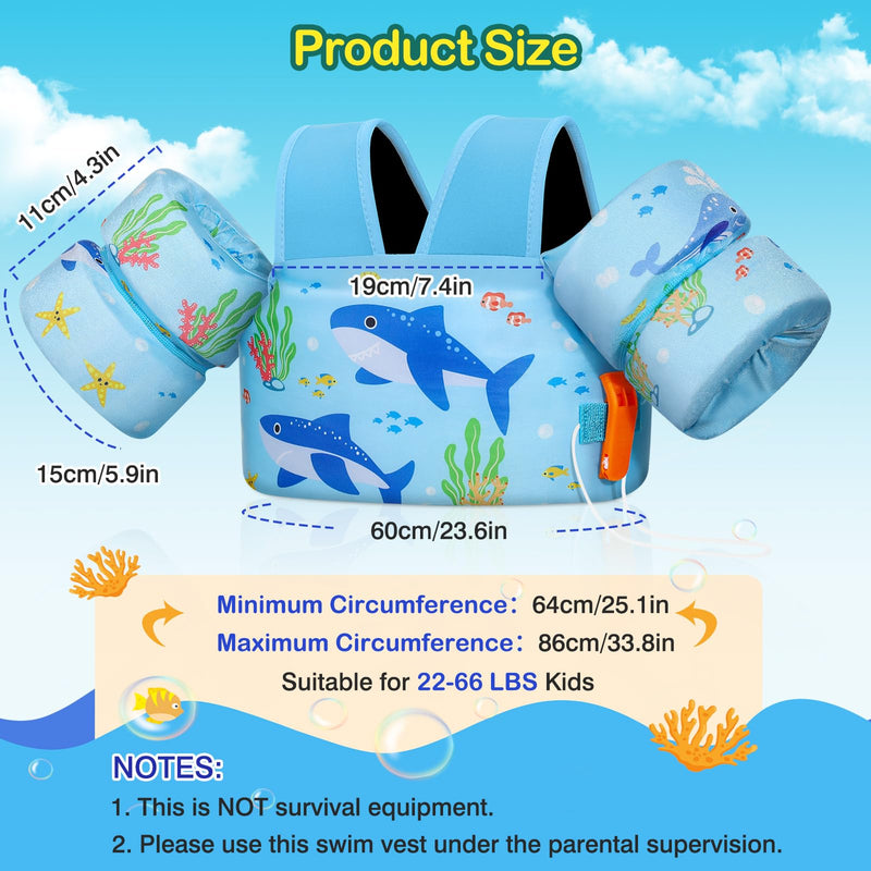 MoKo Toddler Swim Vest for Kids, Swim Arm Floaties 22-66 lbs Boys and Girls Cartoon Swimming Water Wings Pool Float Vests Sleeves Shoulder Straps Arm Band for Children Learn to Swim, Blue Shark A-Sky Blue Shark for kids 22-66 lbs