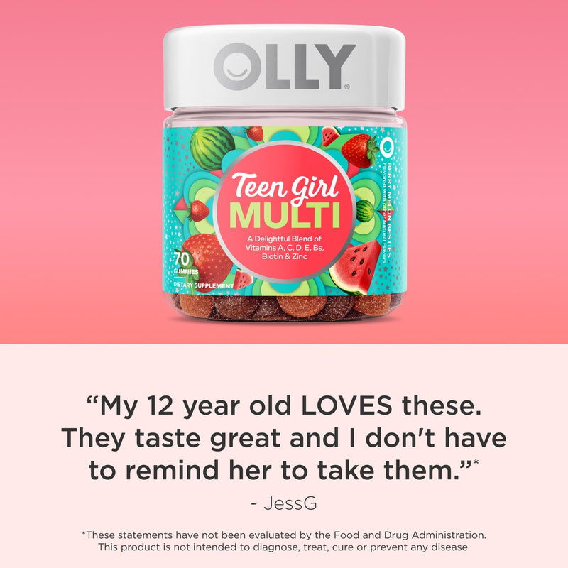 Olly Teen Girl Multi Gummy, Healthy Skin and Immune Support, 15 Essential Vitamins, Biotin, Zinc, Calcium, Chewable Multivitamin, Berry Melon, 35 Day Supply, 70 Count 70 Count (Pack of 1) - BeesActive Australia
