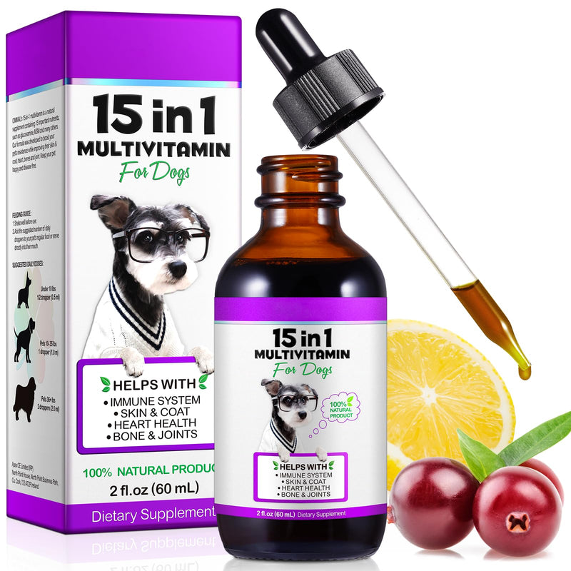 15 in 1 Dog Multivitamin Drops for Dogs,Dog Vitamins & Supplements Natural Dog Multivitamins and Minerals - Glucosamine, MSM for Dogs, Hip & Joint, Immune System, Skin & Coat, Gut Health