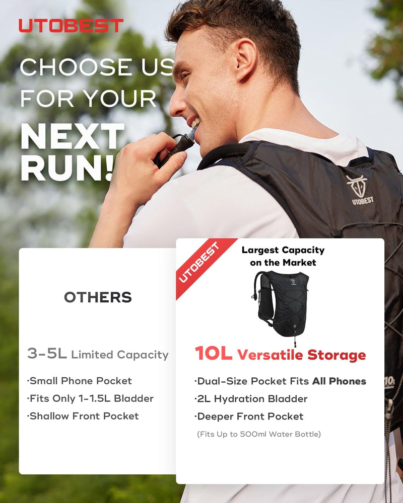 Upgrade Running Hydration Vest 10L, Running Backpack for Women Men Multi-Functional Storage, Adjustable Water Vest for Trail Marathon Race Jogging Cycling Black with 2L Bladder ML (Chest Size:35-40inch)