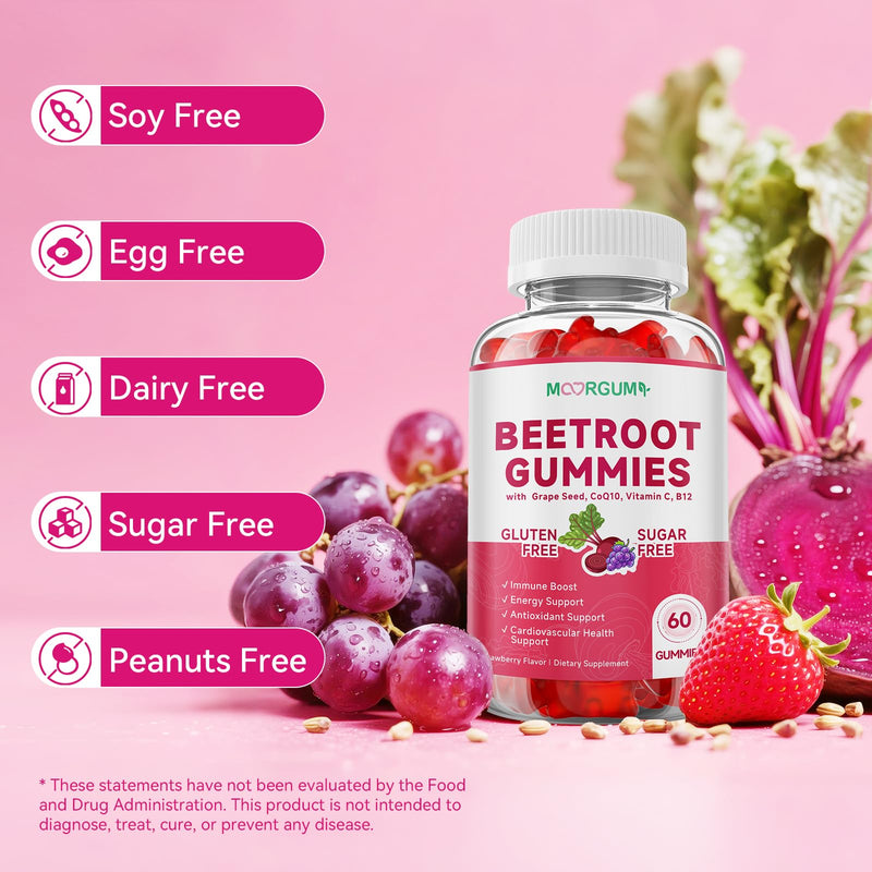 Beetroot Gummies with Grape Seed, Niacin, CoQ10, Vitamin C, B12, L-Citrulline & L-Arginine, Antioxidant Support, Sugar-Free Beet Root Supplement for Women & Men, 120 Count 30 Count (Pack of 2)