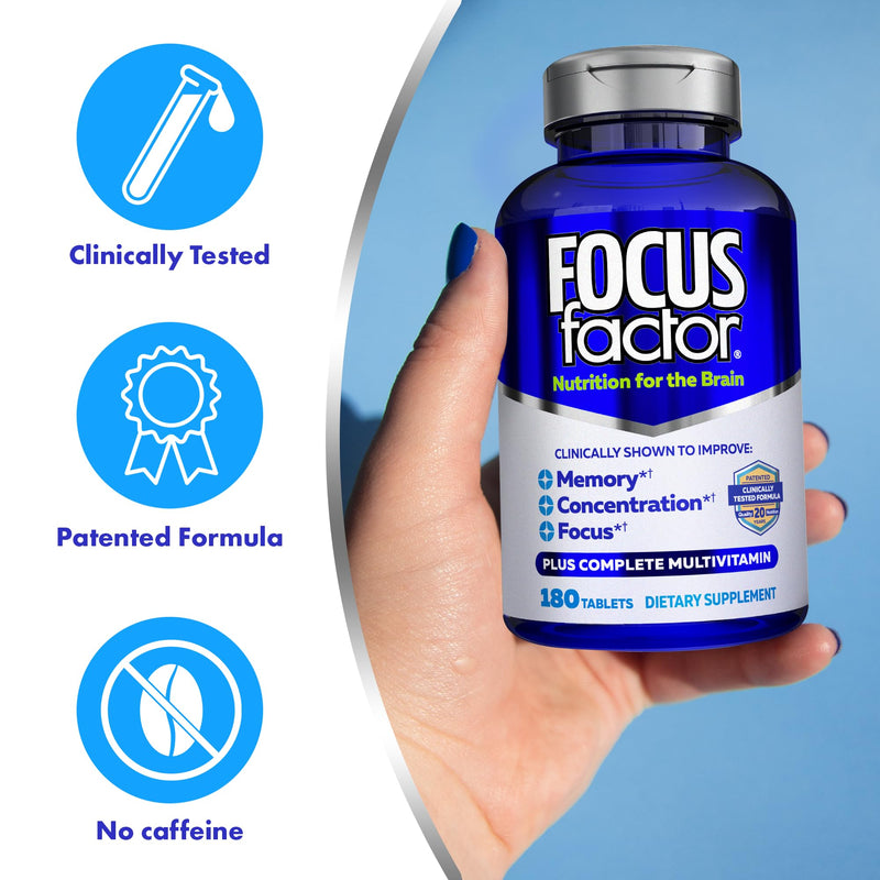 Focus Factor Original Brain Supplement Multivitamin Improve Memory and Clarity Boost Concentration Neuro Energy Learning Reasoning for Men and Women (180 Count) 1 Count (Pack of 180)